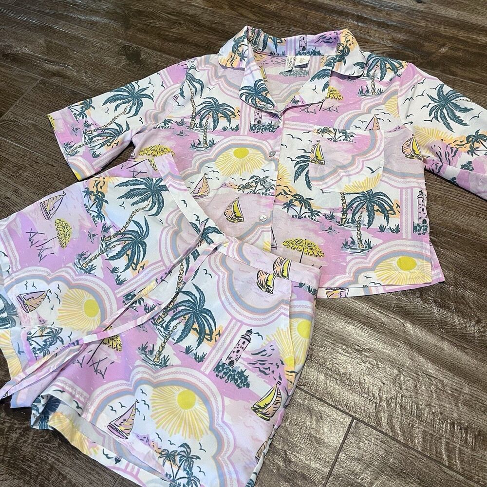 Cynthia Rowley Pajama Set Small Tropical Beach Print Button Shirt Shorts Pink